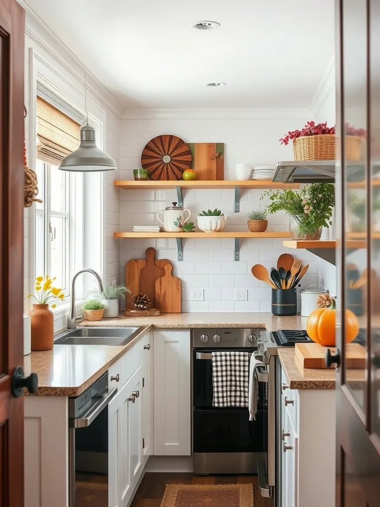 A cozy small galley kitchen with seasonal decor including plants, a pumpkin, and wooden cutting boards.