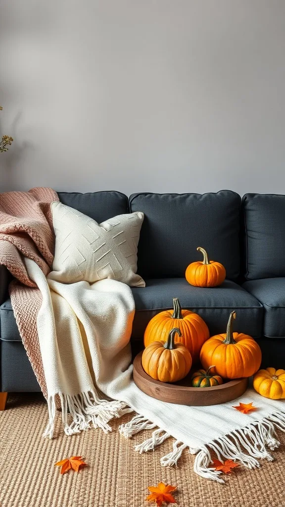 Dark gray sofa with pumpkins and autumn leaves for seasonal decor