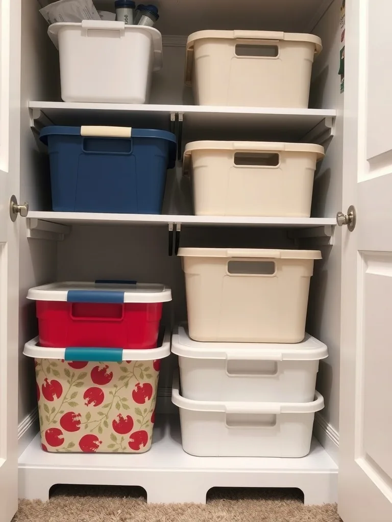 Well-organized storage closet with colorful bins for seasonal items