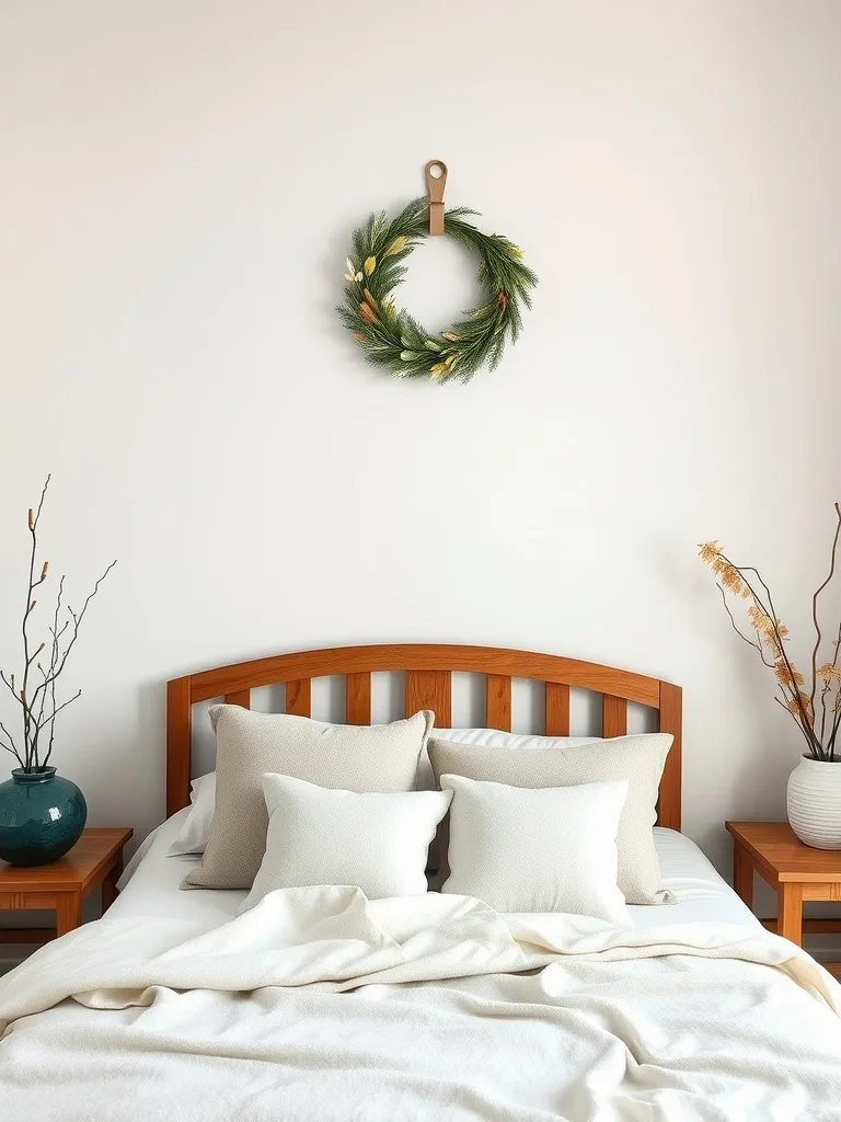 A cozy bedroom with a green wreath above the bed, featuring soft pillows and a warm blanket