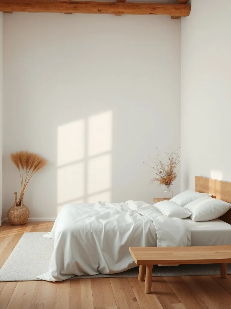 A serene bedroom featuring a wooden bed, soft white bedding, and natural decor elements.