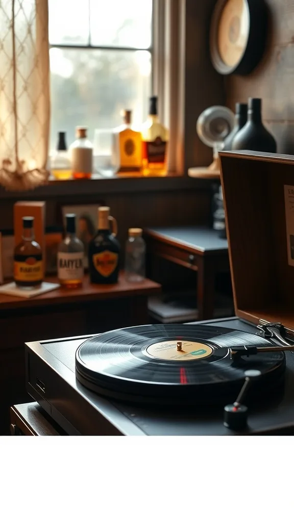 A cozy whiskey lounge setup featuring a record player with vinyl and whiskey bottles in the background.