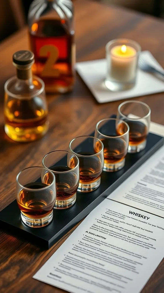 A stylish whiskey flight setup featuring five glasses of whiskey on a wooden table, accompanied by a bottle and a tasting menu.