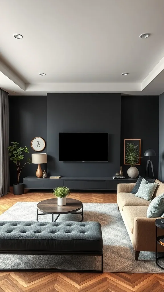 Living room with a black accent wall and wood furniture.