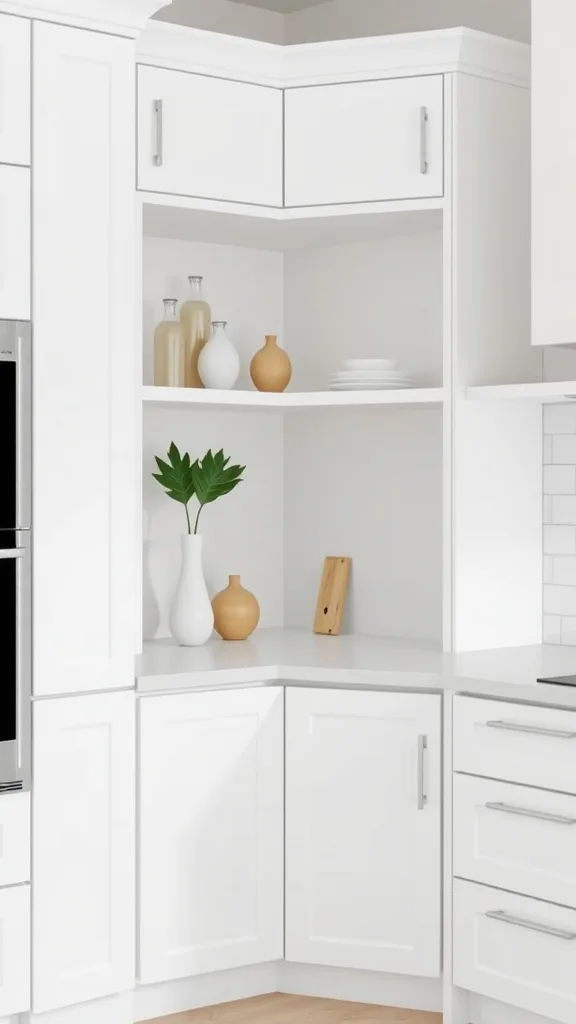 Modern kitchen corner cabinet with white shelving and decorative items.