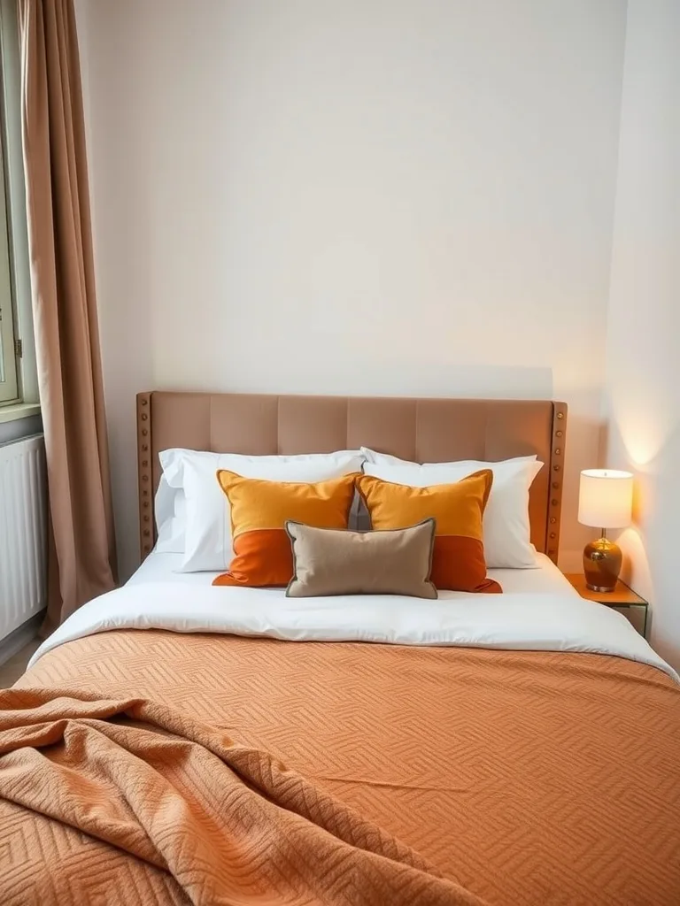 A stylish narrow bedroom featuring a warm orange bedding set with decorative pillows on a neatly made bed, complemented by a chic headboard and a bedside lamp.