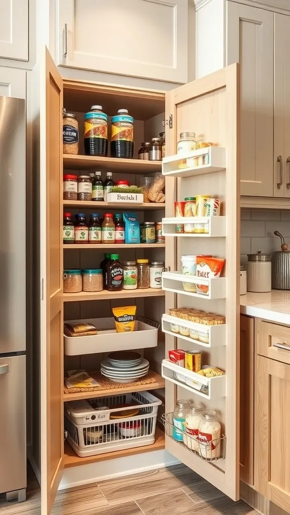 A well-organized corner pantry with shelves and various food items.