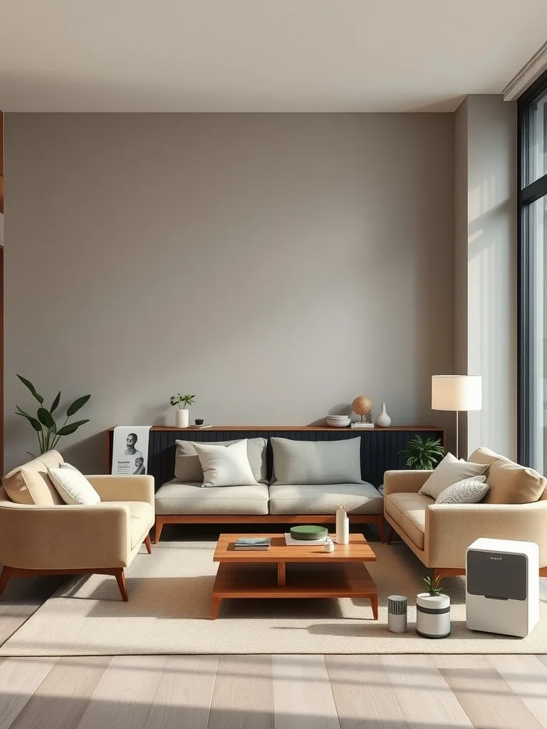 A modern living room with smart home devices, showcasing a cozy and energy-efficient space.