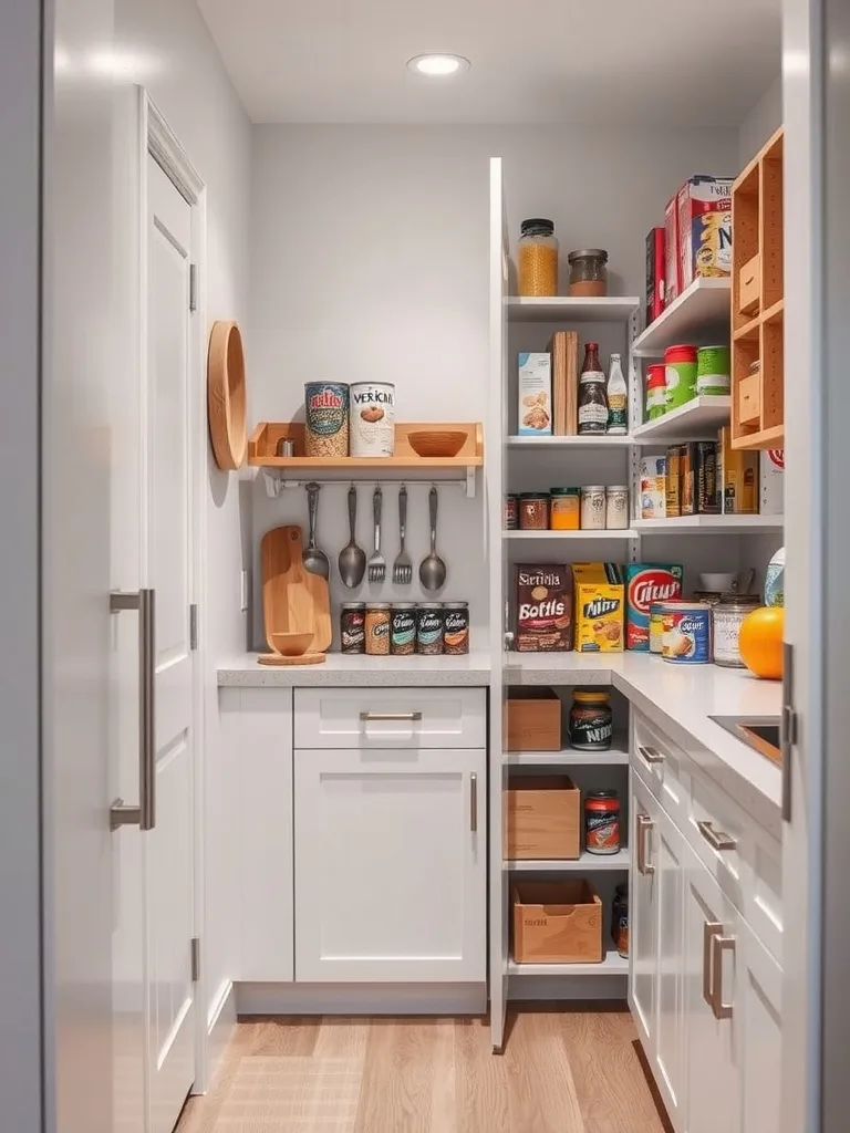 A compact and organized pantry in a small galley kitchen with shelves, canisters, and utensils.