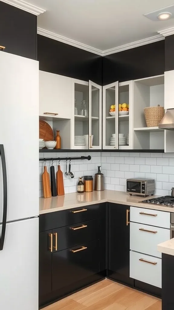 A stylish black and white kitchen showcasing smart storage solutions with open shelving and organized cabinets.