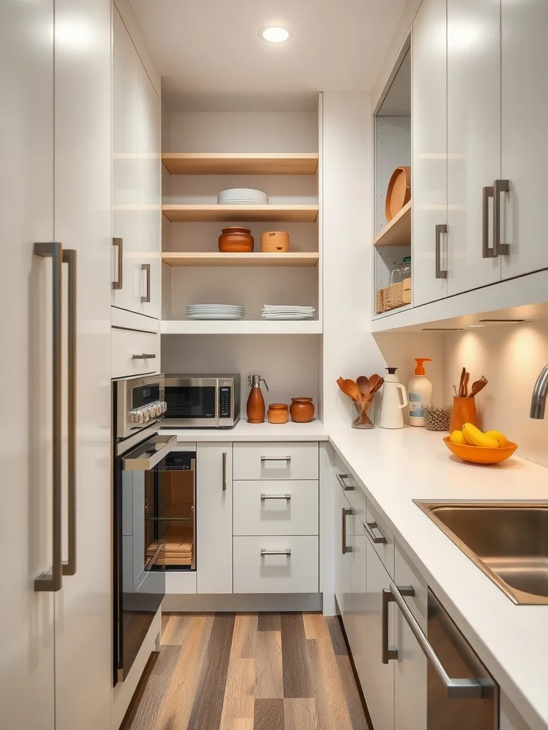 A small galley kitchen with modern storage solutions, featuring open shelves and built-in appliances.