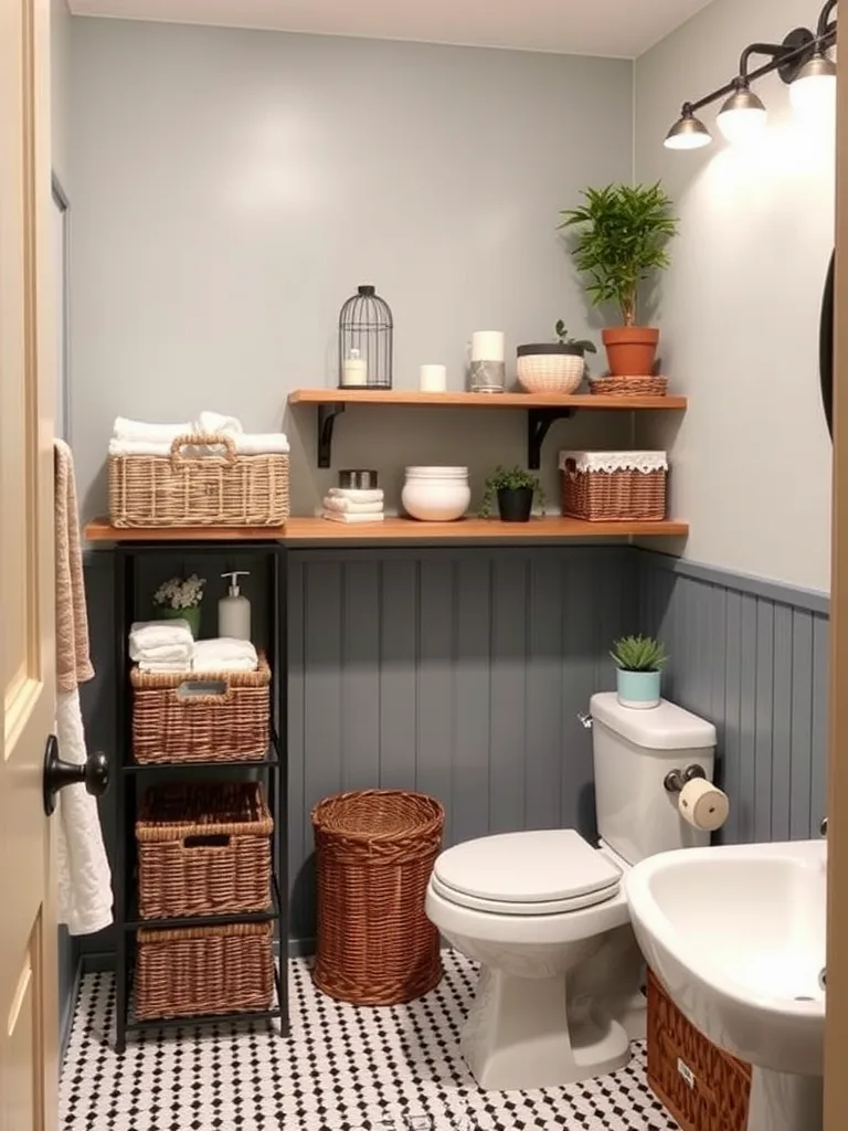 A small, well-organized bathroom featuring a toilet, shelves with baskets, and a slim shelving unit.