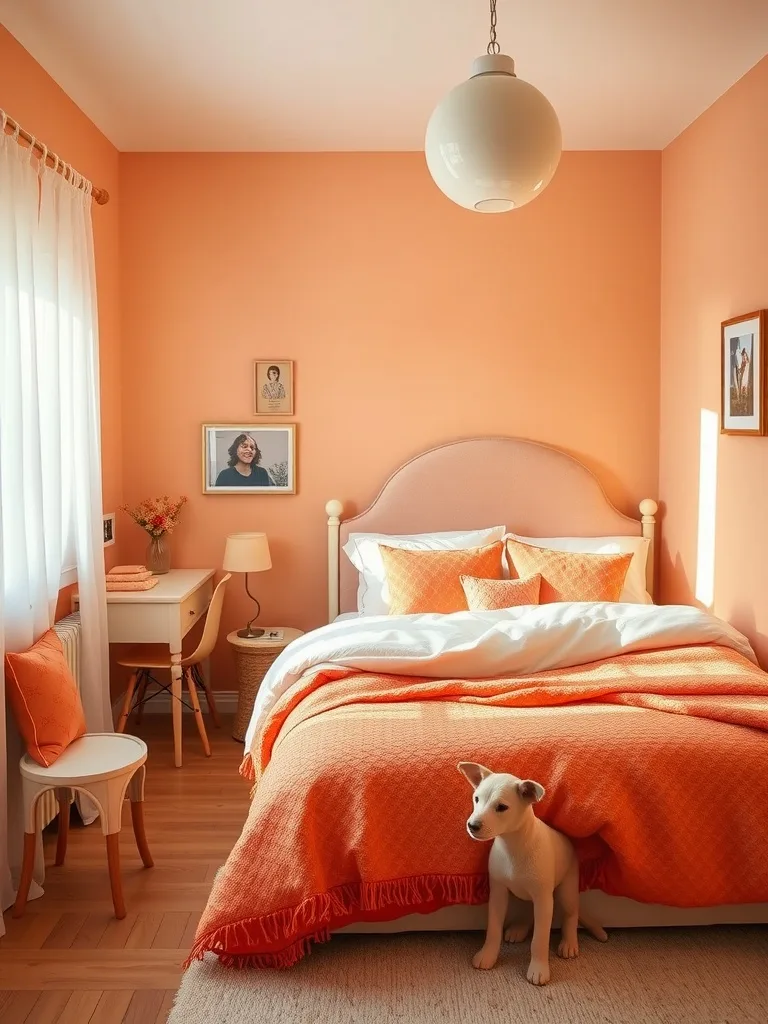 A cozy bedroom painted in soft apricot, featuring a bed with orange bedding, a small desk, and a cute puppy.