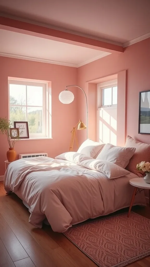 A cozy pink bedroom with soft blush accents, featuring a comfortable bed, warm lighting, and stylish decor.