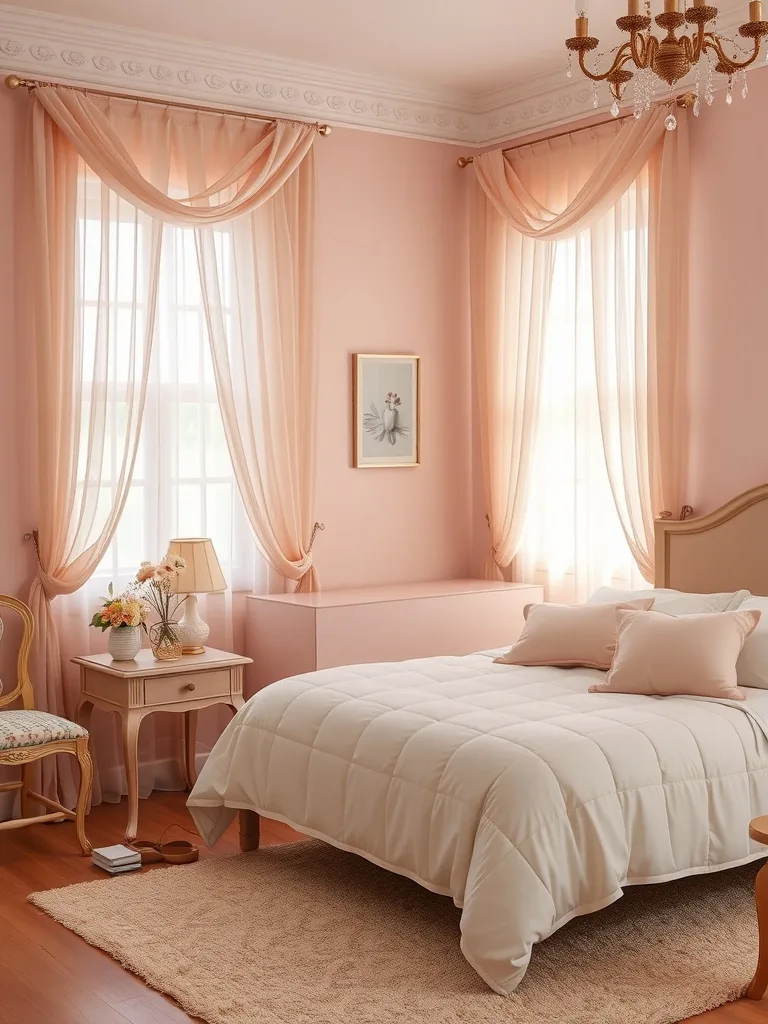 A cozy bedroom featuring soft blush pink walls, light curtains, and a comfortable white bed.