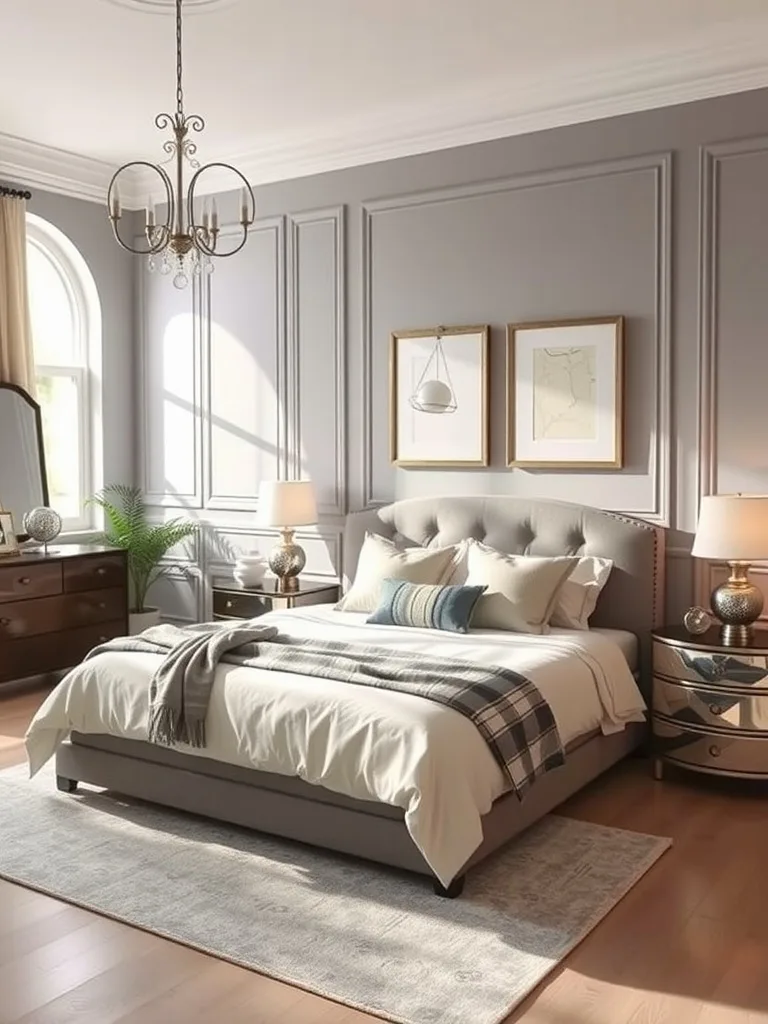 A cozy gray bedroom with accent walls and stylish furnishings