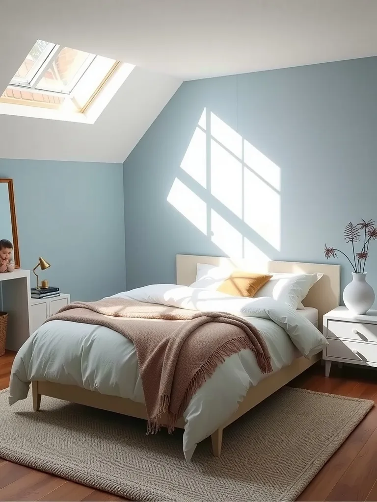 A soothing bedroom painted in soft powder blue with a cozy bed and natural light.