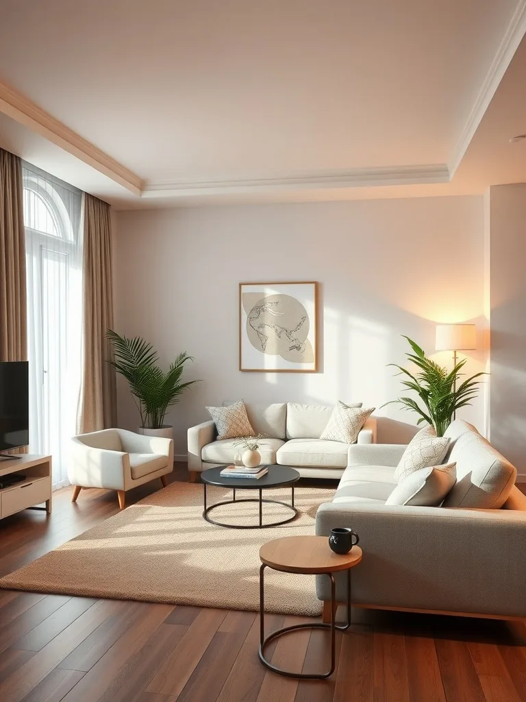 A neutral living room featuring soft lighting, plants, and cozy furniture.