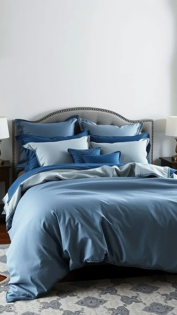 Sophisticated blue and gray bedding set with layered pillows and a stylish headboard.