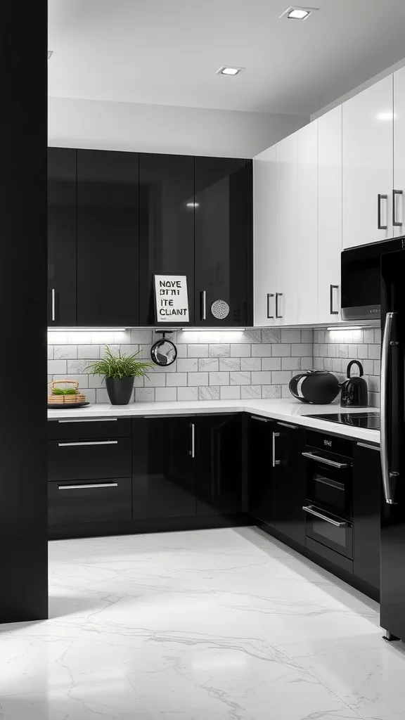 A modern kitchen corner with black and white cabinets and white countertops.