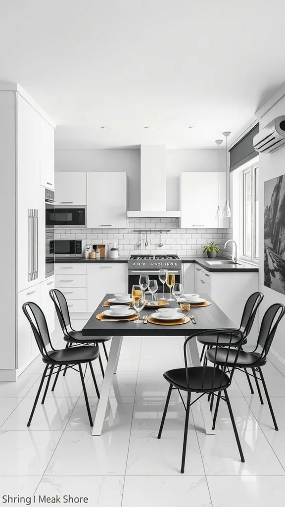 A modern black and white kitchen with a stylish dining table set for a meal.