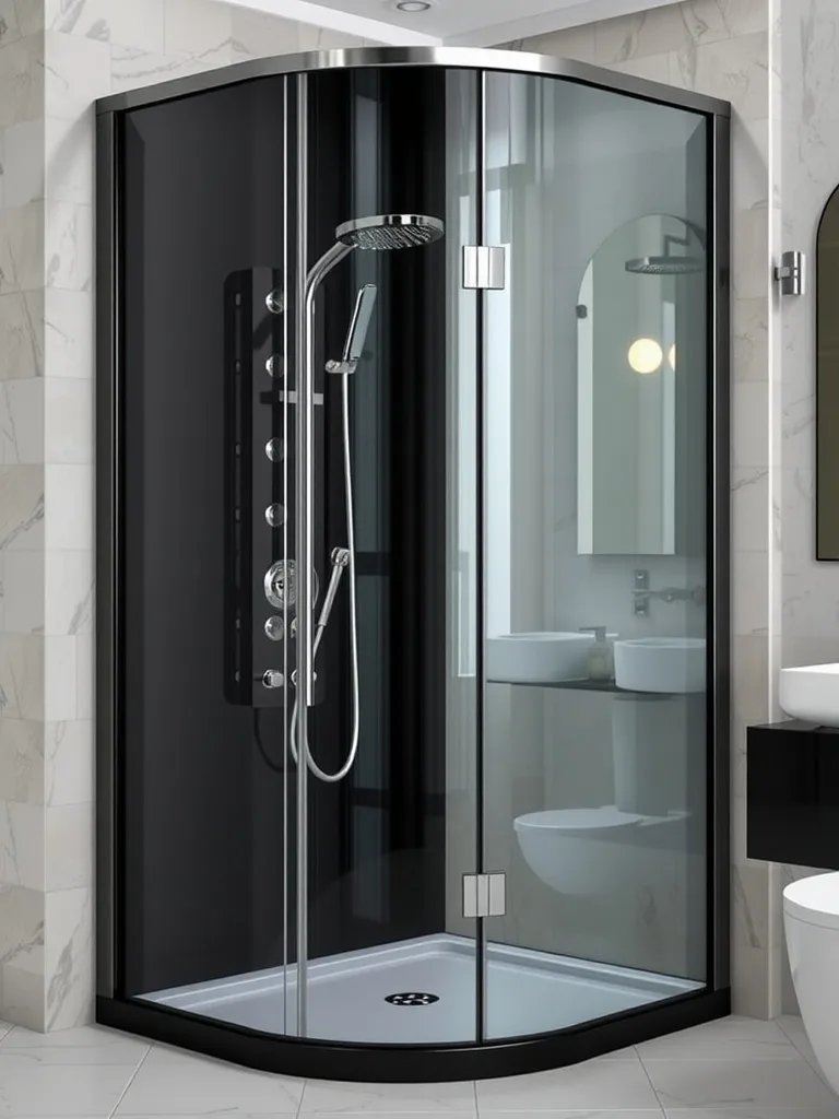 Sophisticated shower enclosure with black glass and chrome fixtures in a modern bathroom