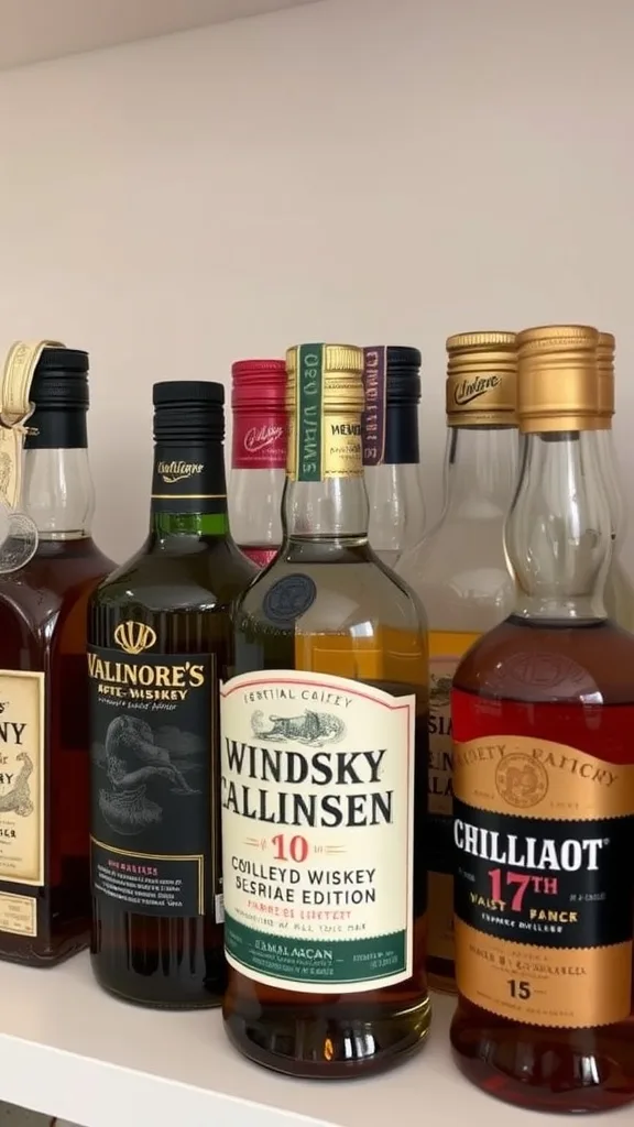 A shelf displaying various whiskey bottles including Valinore's and WindSky Callinsen.