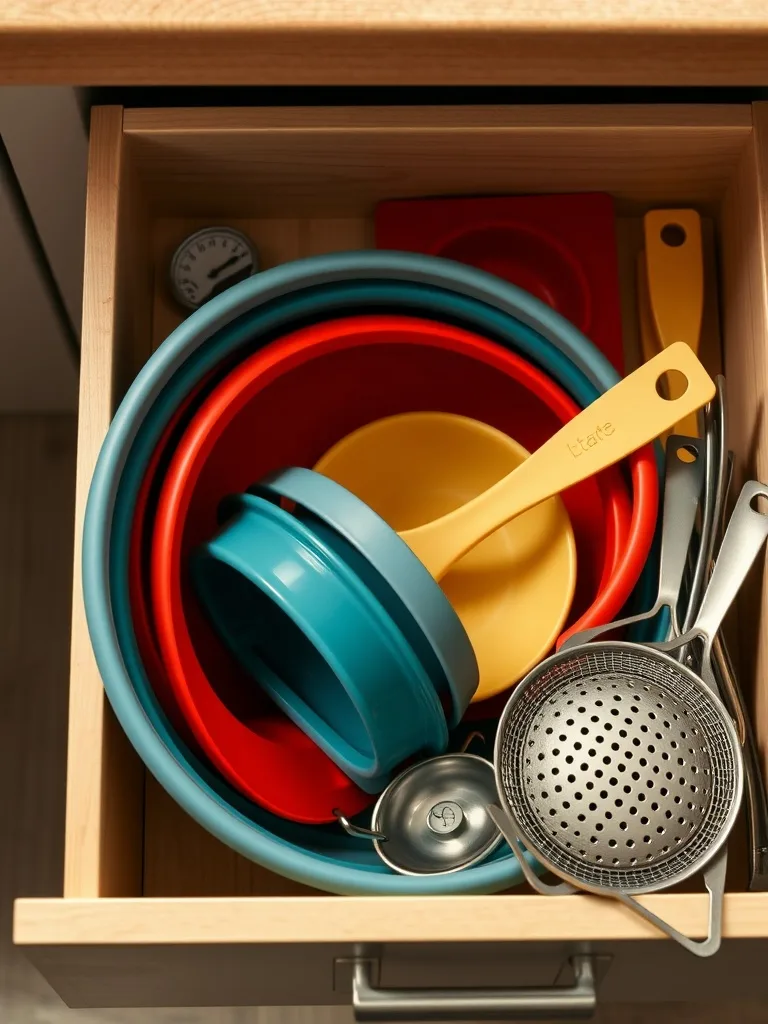 A drawer filled with colorful collapsible bowls and kitchen tools, showcasing space-saving storage solutions.