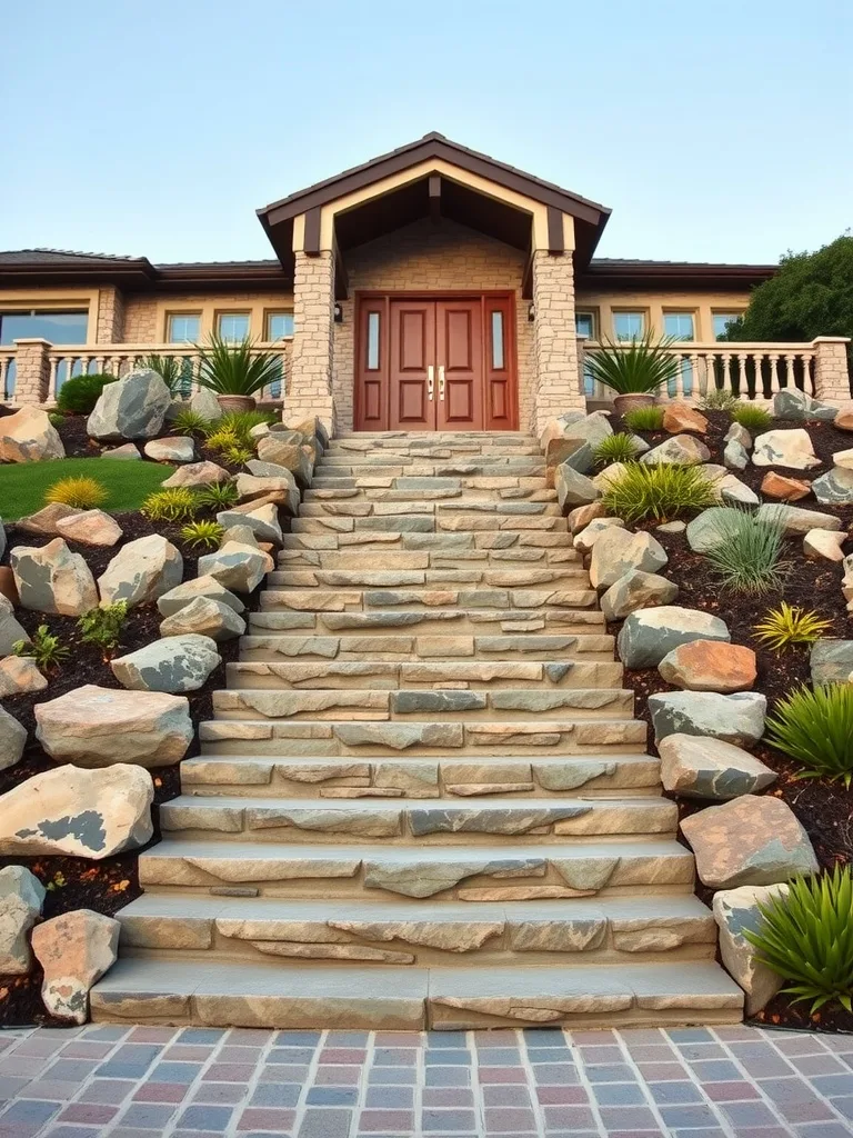 Stone stairway leading to a home, surrounded by rocks and greenery.