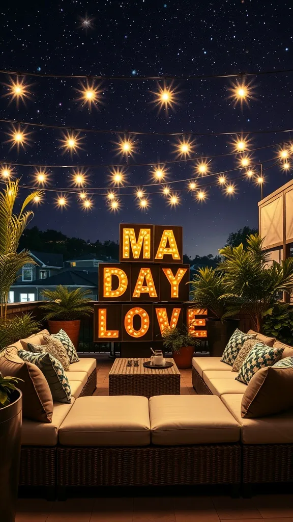 A cozy outdoor lounge with string lights, comfortable seating, and a starry sky backdrop.