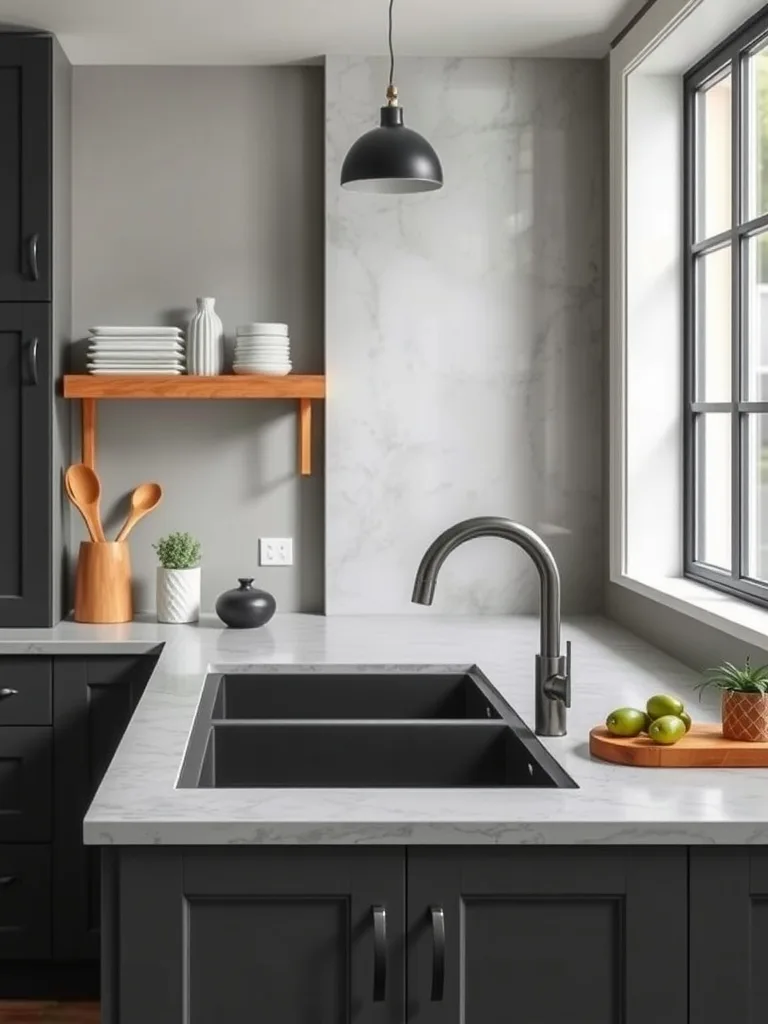 A dark kitchen sink with a modern design, surrounded by a stylish kitchen setup.