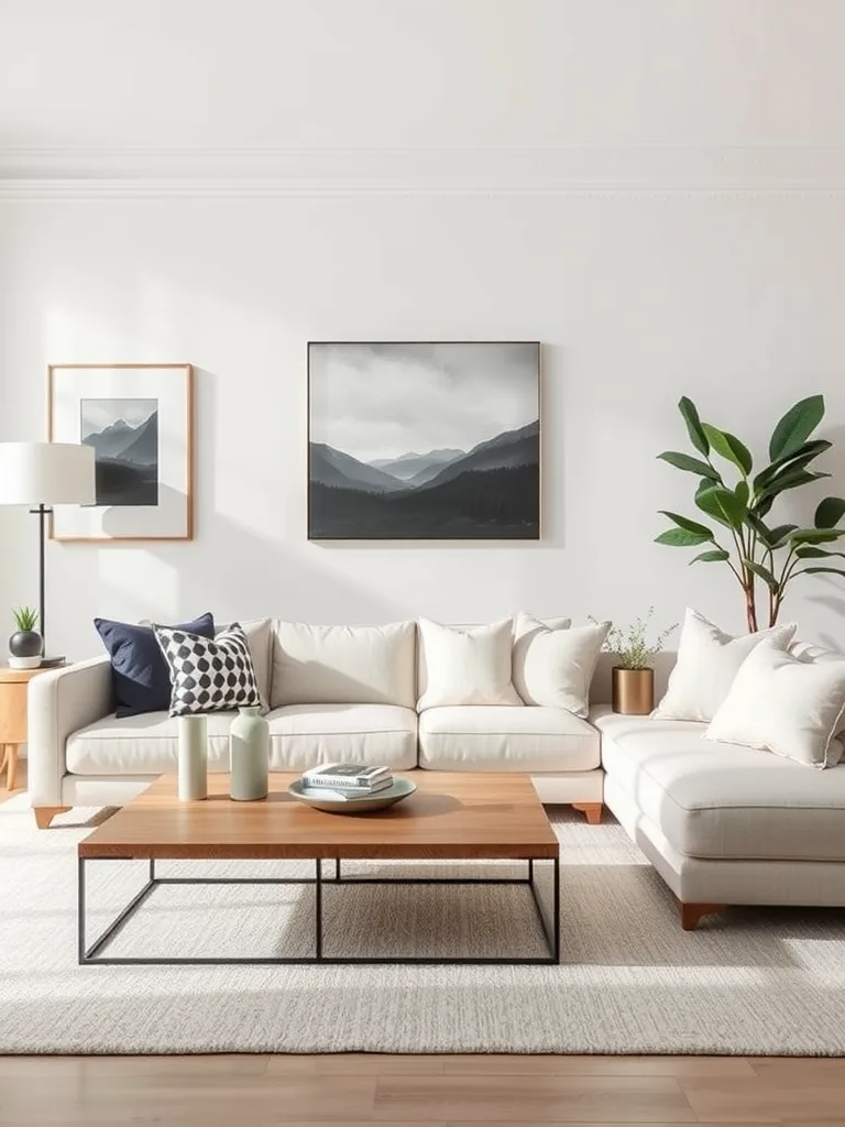 Cozy neutral living room with a warm sofa, sleek coffee table, and modern wall art