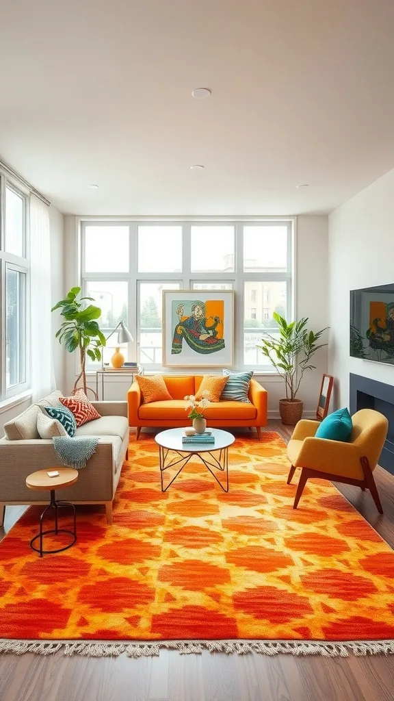 A stylish living room featuring a vibrant orange rug, modern furniture, and large windows.