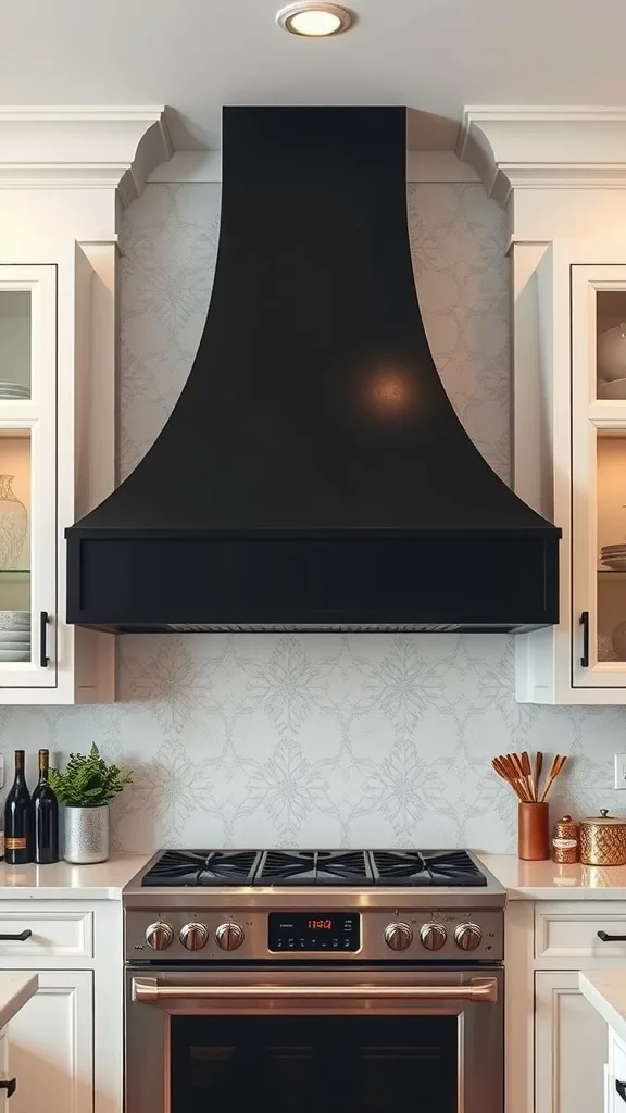 A stylish black range hood above a stove in a modern kitchen with white cabinetry.