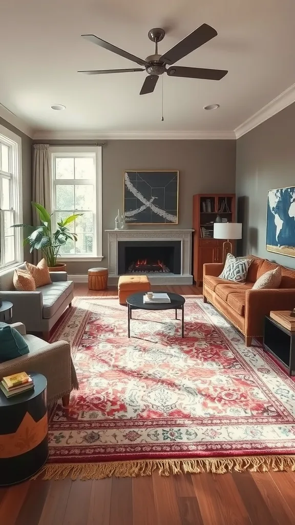 A cozy living room featuring a statement rug, stylish furniture, and bright natural light.