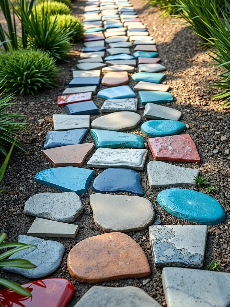 Colorful stepping stones forming a walkway in a garden.