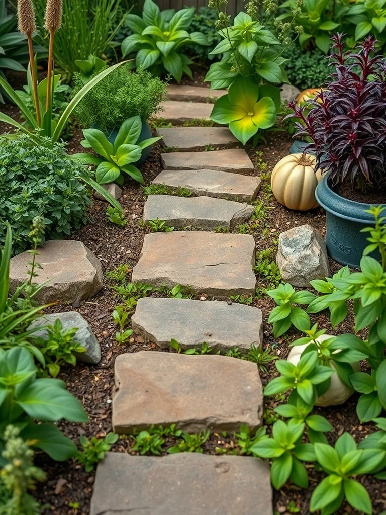 A pathway of stepping stones surrounded by various edible plants and greenery.