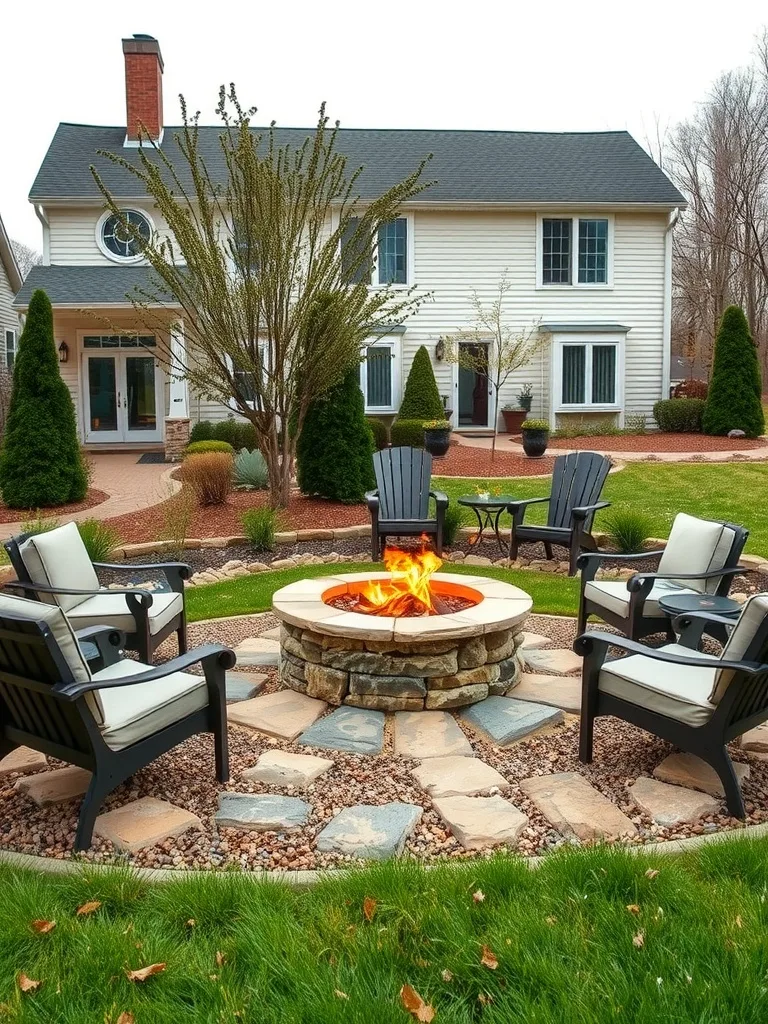 A stone fire pit surrounded by chairs in a well-landscaped front yard.