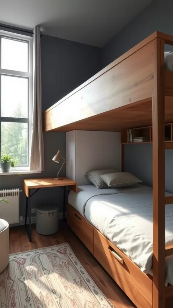 A small bedroom with a lofted bed above a desk and storage drawers.