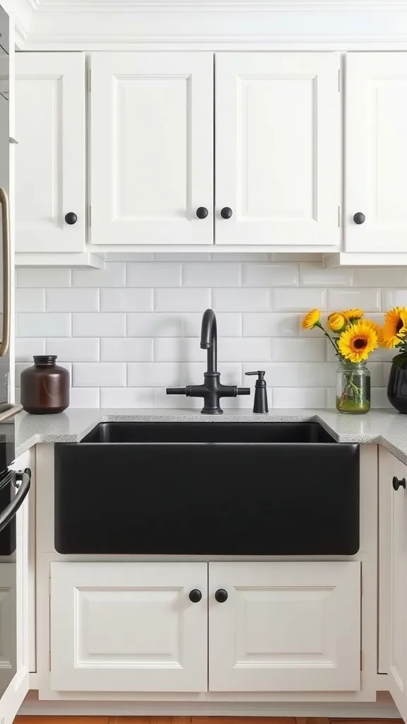 A black farmhouse sink in a white kitchen with sunflowers on the countertop.