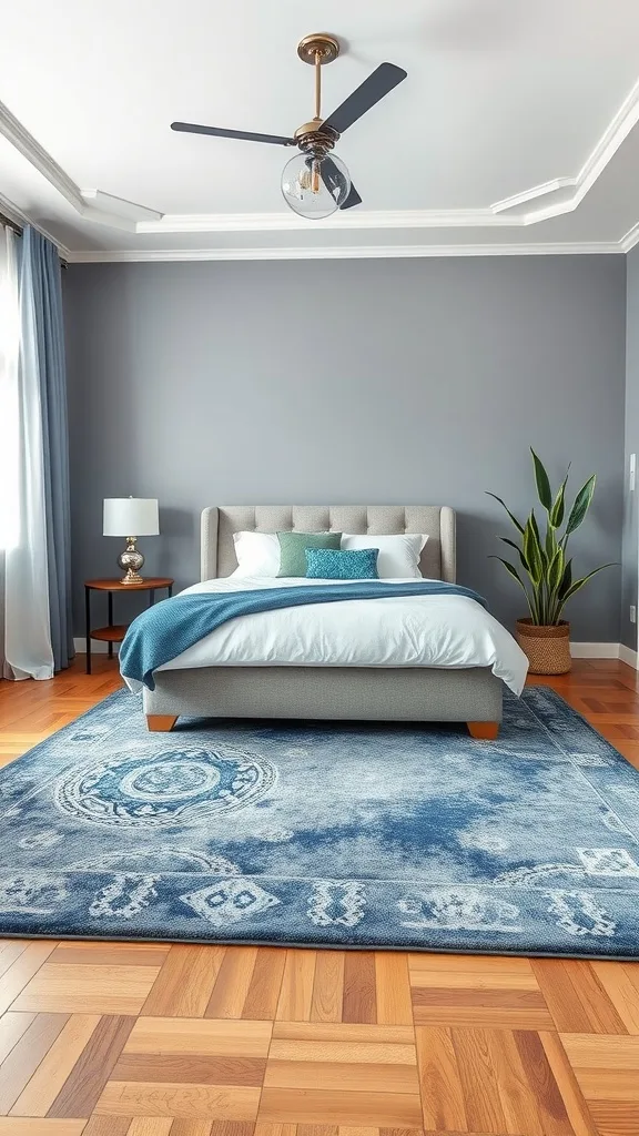 A stylish blue area rug in a gray bedroom, adding warmth and character.