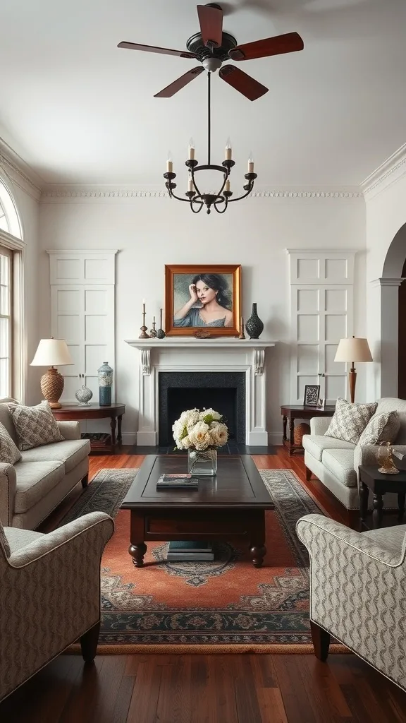 Colonial living room featuring a stylish coffee table surrounded by elegant seating.