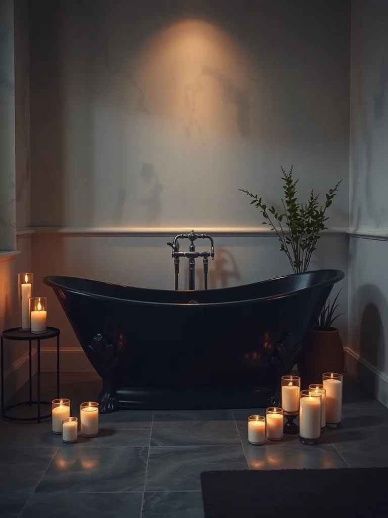 A stylish black bathtub surrounded by candles and soft lighting in a dark and moody bathroom.