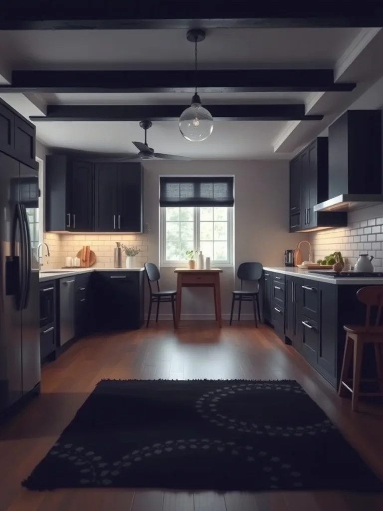 A dark rug in a modern kitchen with black cabinets and wooden floors.