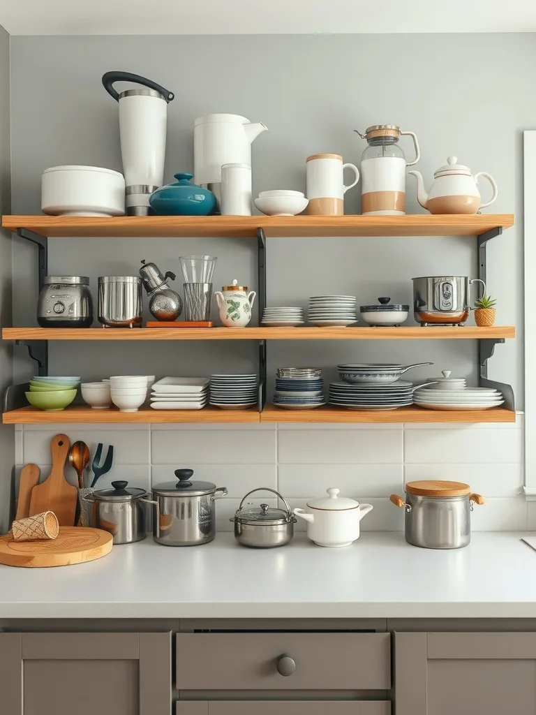 Stylish open shelving in a modern kitchen, showcasing various dishes, teapots, and kitchen gadgets.