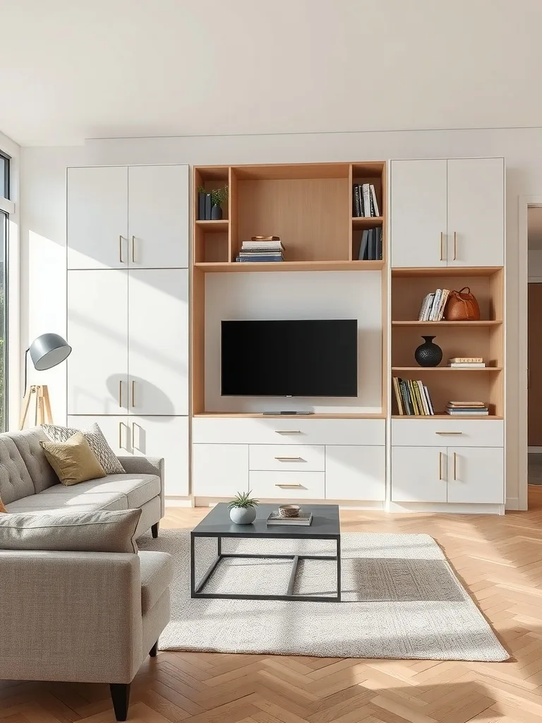 Stylish neutral living room with a modern storage unit, sofa, and coffee table