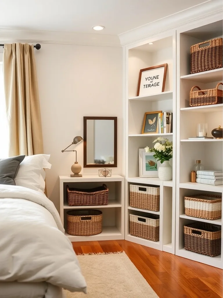 A cozy bedroom corner with stylish open shelving and decorative storage baskets.