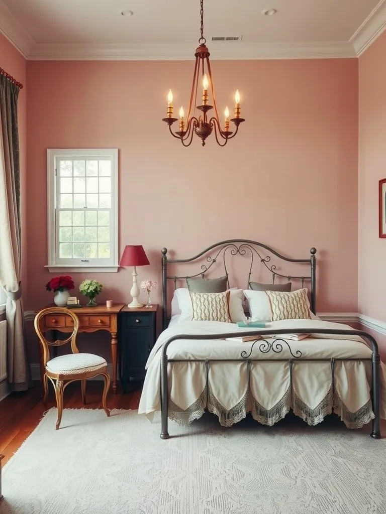 A cozy bedroom with subtle dusty rose walls, a vintage metal bed, and soft linens.