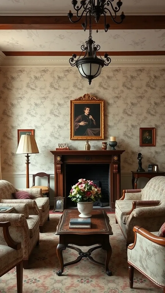 A colonial living room featuring subtle floral patterns on the wallpaper, classic furniture, and a floral arrangement on a coffee table.