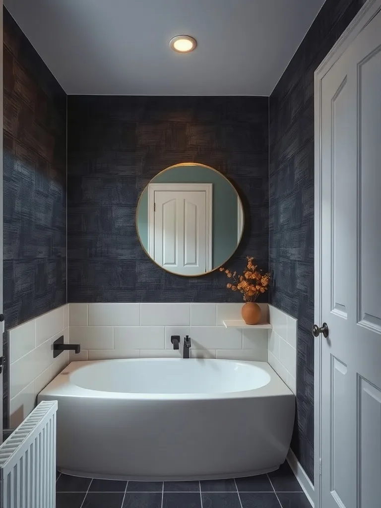 A dark and moody bathroom featuring subtle textured wallpaper, a modern bathtub, and a round mirror.